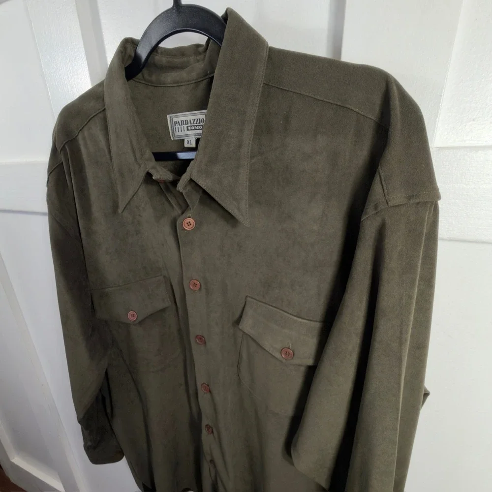 Pardazzo Uomo Suede Feel Button Down Shirt Olive Green Size XL‎